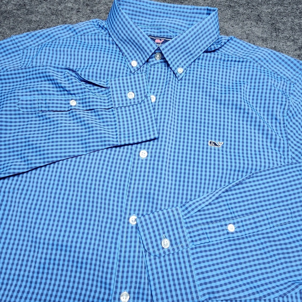 Vineyard Vines Mens Dark Blue Plaid Long Sleeve Button Down Whale Nylon Shirt XL